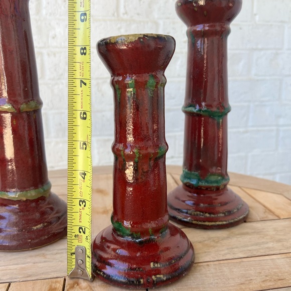 Set of 3 - Vintage - Red Glazed Bamboo Candle Stick Holders - Picture 4 of 11